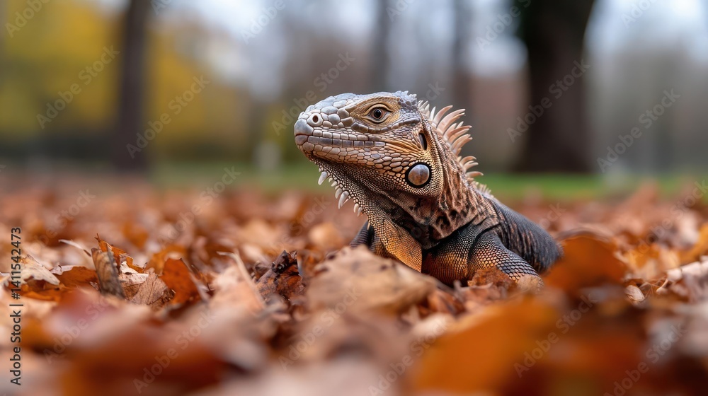 Aufkleber close up eye-level view of a brown iguana sitting on a bed of golden-brown autumn leaves on a blurre
