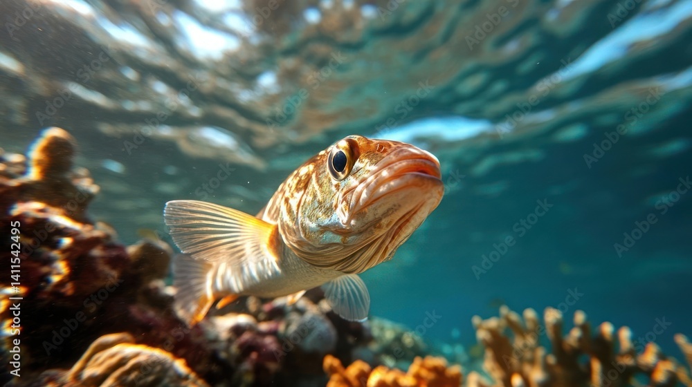 Poster an eye-level close-up of a fish in a clear blue ocean. the fish is tan with orange spots and a white