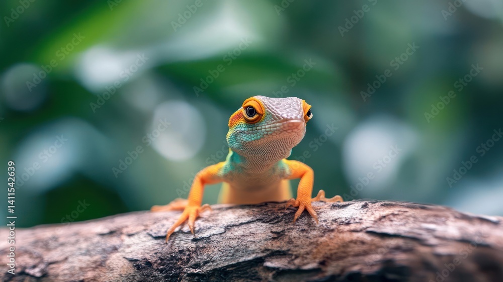 Poster close-up of a vibrant lizard perched on a branch with a blurred background of lush green foliage. th