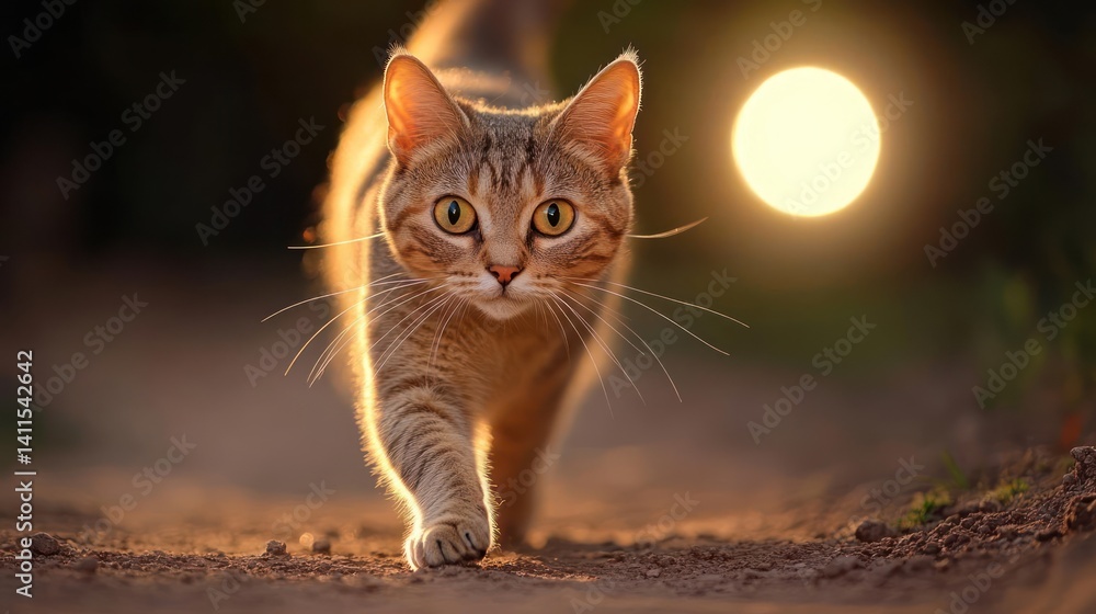 Poster A brown tabby cat walks along a dirt path in golden sunlight with a bright orb of light in the background, creating a warm and inviting atmosphere