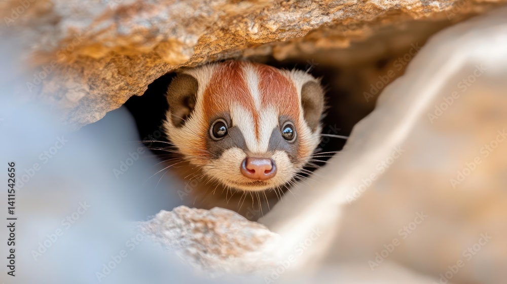 Aufkleber close-up shot of an american badger with a distinct red and white striped head, peeking out from a r