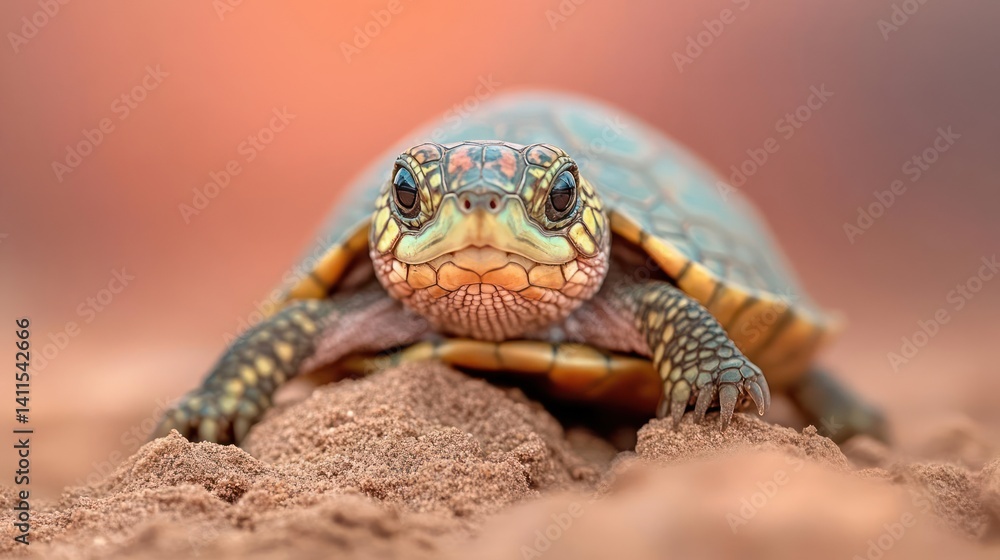 Poster Close up front view of a small patterned turtle with yellow details standing on sand. Soft orange and white background enhances the reptile's texture and vibrant colors, creating a striking wildlife