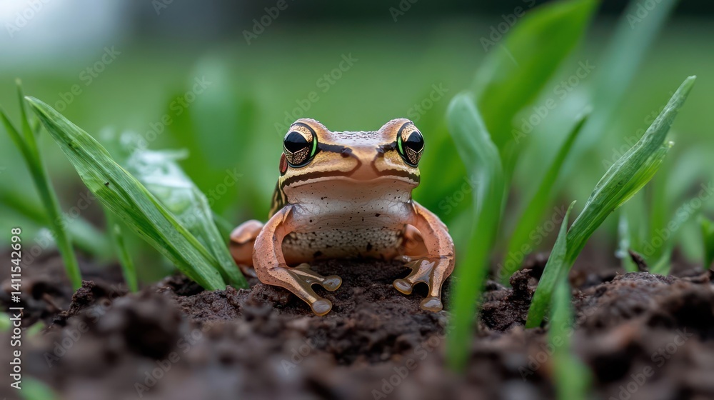 Poster close-up showcases a brown frog amidst green grass, set against blurred background. the frog's speck