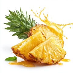 Pineapple with juice splashing on white background