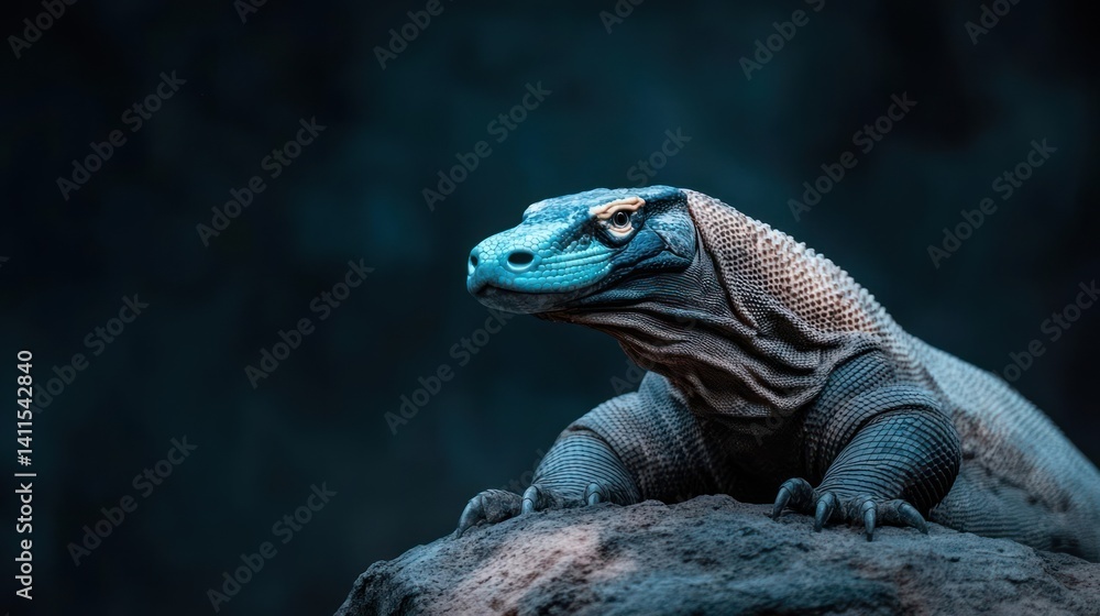 Poster Komodo dragon resting on a rock in a close-up shot, showcasing its scales, colors and unique features. The image features a dark background, focusing the attention on the reptile and its textured