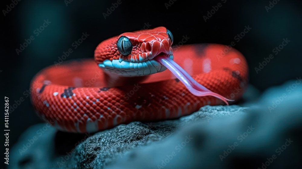 Poster macro shot of a vibrant red snake with black markings, coiled on a grey rock. the snake has a pink t