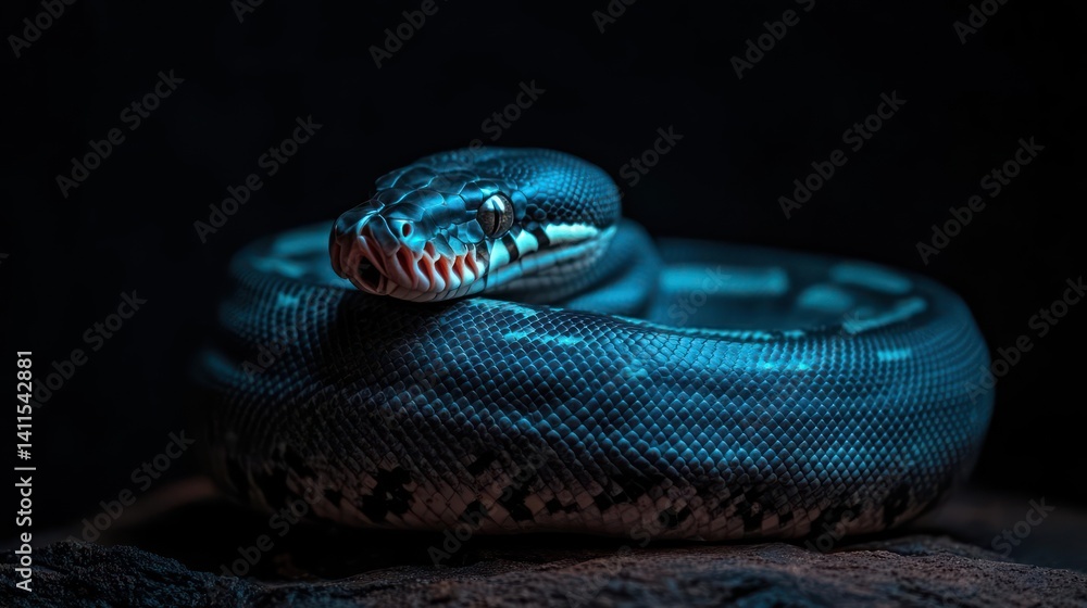 Poster a captivating close-up shot of a snake coiled on a dark surface under a cool blue light. the snake's