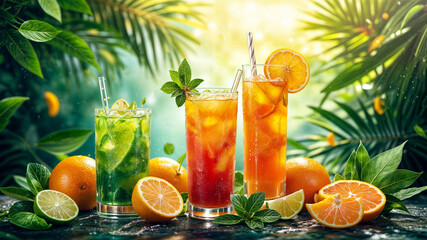 Refreshing summer cocktails with vibrant colors and fresh ingredients in a sunny outdoor setting