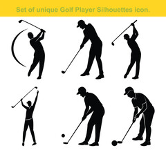 Naklejka premium Golf Player Silhouettes Collection Sporting Activity Vector Icons Isolated On White.