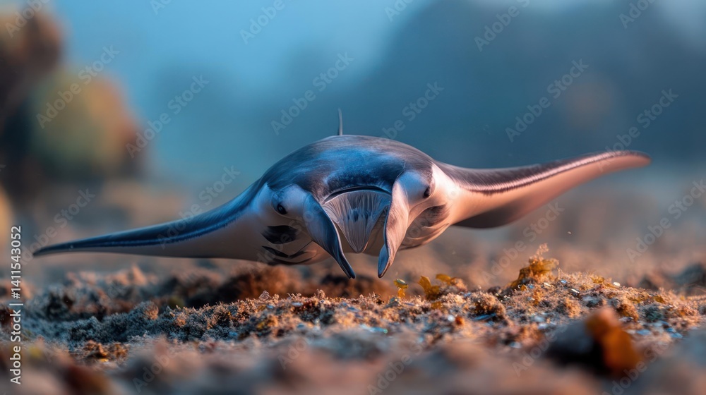 Poster close up of a manta ray swimming in clear water with a sandy seafloor and coral in the background, c