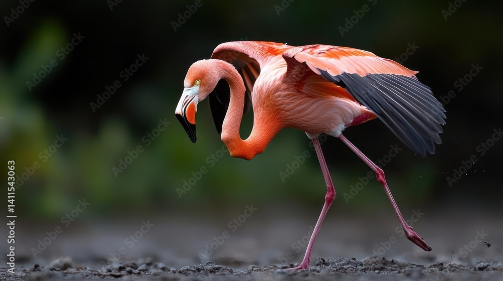 Poster this image features a vibrant flamingo standing in a shallow body of water. the flamingo is a striki