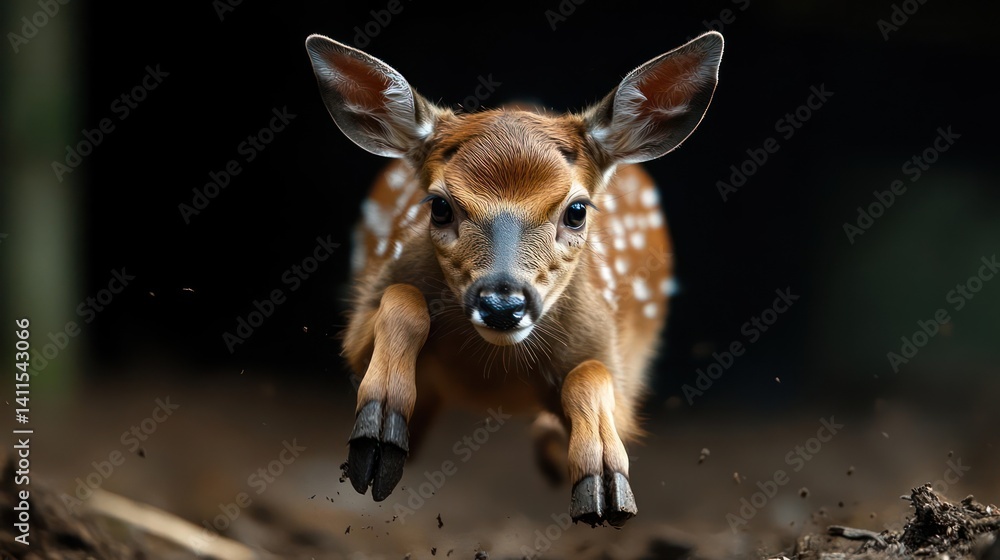Poster Close-up of a tiny brown fawn running toward the camera with a dark background. The fawn is covered in white spots and appears to be leaping through the air. The ground is muddy, and the animal is
