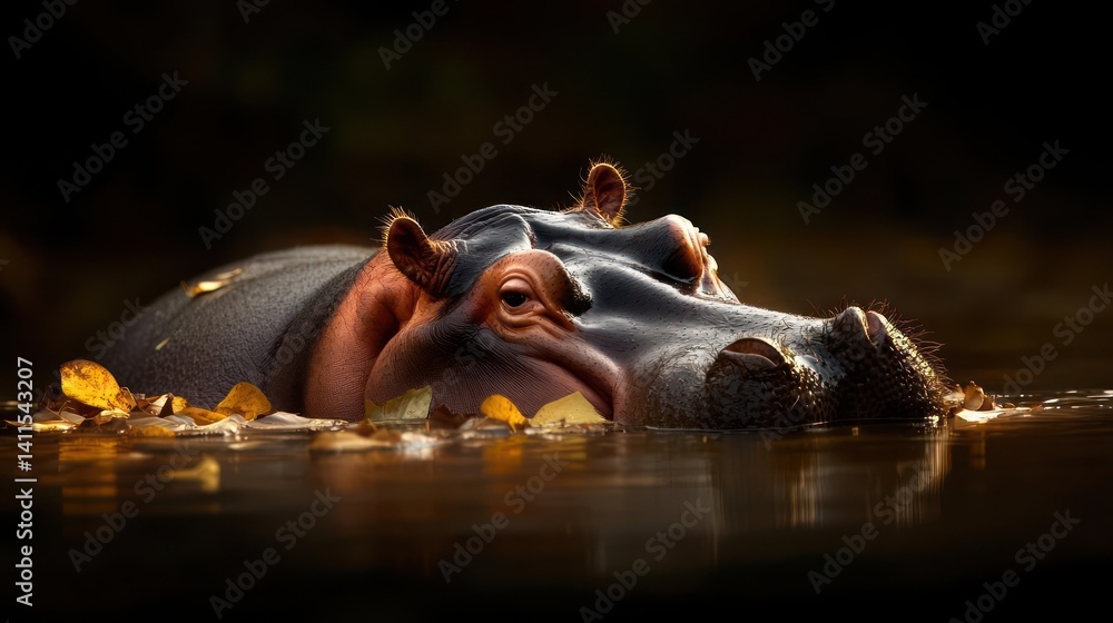 Poster this image captures a hippopotamus partially submerged in water, with its head and upper body visibl
