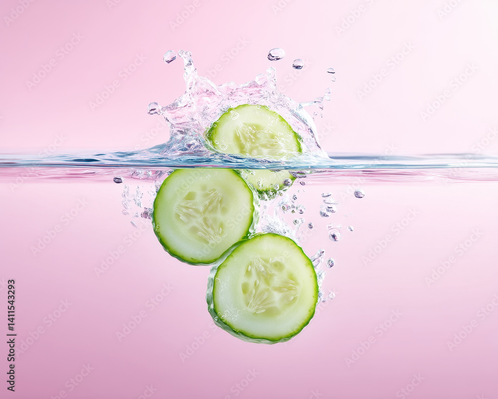 Aufkleber fresh cucumber slices splashing into clear water, creating refreshing and vibrant scene. pink backgr