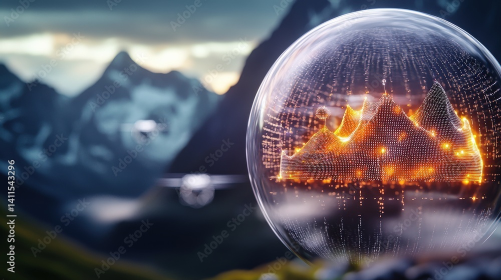 Poster exploring the digital sphere of data visualization in a majestic mountain range aerial view of natur