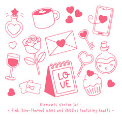 Pink love-themed icons and doodles featuring hearts, keys, a rose, and a cupcake. Perfect for Valentine's Day, wedding invitations, romantic stationery, and cute designs.