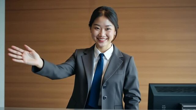 Welcoming Hotel Receptionist Behind Desk