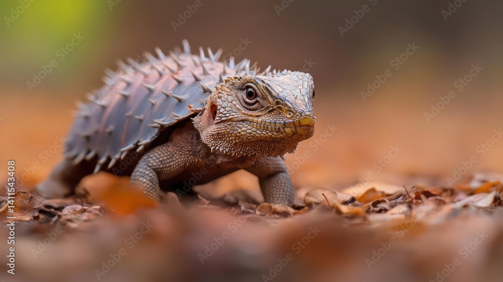 Aufkleber Close-up of an armadillo lizard with sharp spines on its back and brown skin, on a bed of fallen leaves. The background is blurred, creating a shallow depth of field, enhancing the focus on the