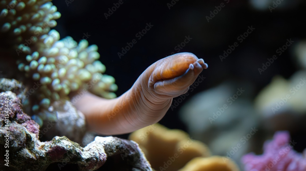 Poster Close up of a brown and tan eel swimming among various corals in an aquarium. The foreground is in focus and the background blurred, creating depth and highlighting the eel's texture and movement
