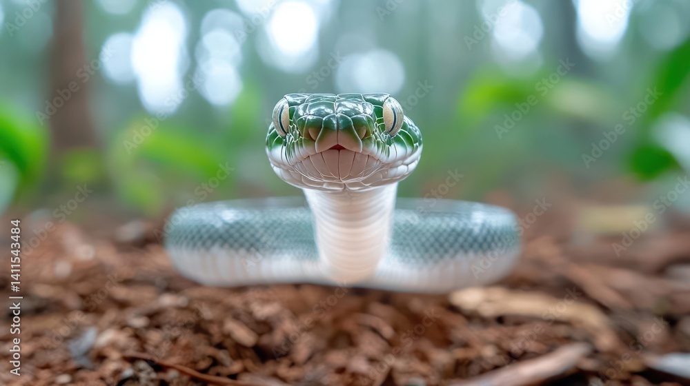 Poster close up shot of a coiled green snake resting on brown leaves with a blurred forest background. the 