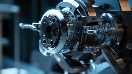 Fototapeta premium Close-up of Intricate Metal Machine Component with Shiny Surface and Blue Light