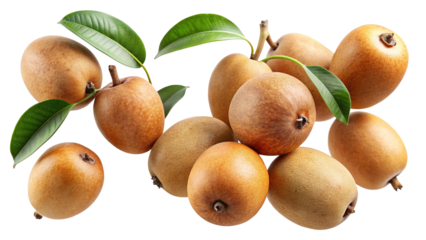 A cluster of fresh sapodilla fruits with leaves on a Trensprent Background png