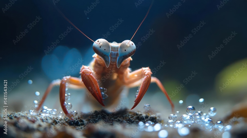 Poster a close-up shot of an orange mantis shrimp underwater with water droplets on a sandy bottom against 