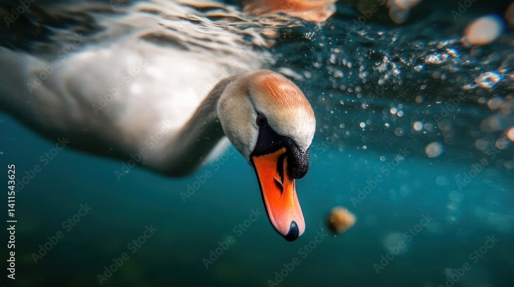 Aufkleber underwater view of a white swan with an orange beak gracefully swimming. the swan's head is submerge