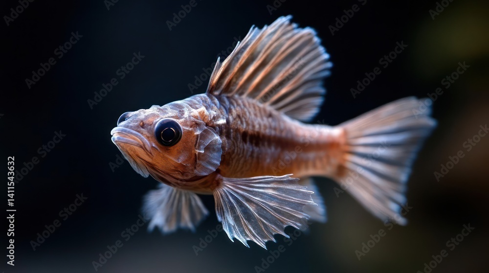 Poster macro shot showcasing a small, intricately detailed fish with textured skin and translucent fins, hi