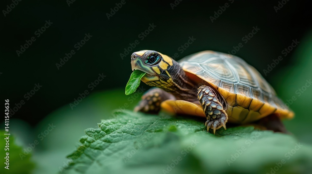 Poster A turtle with a yellow shell and head is eating a green leaf on a green leaf with a blurred background. The turtle's scales and the leaf's veins are visible