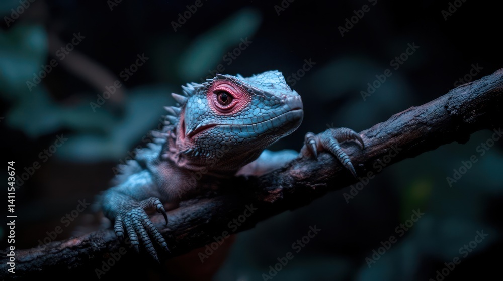 Poster detailed close up of a grey tuatara perched on a branch against a dark green leafy background in sha