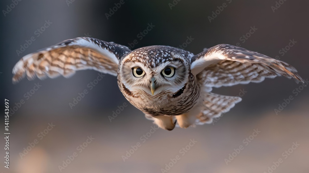 Poster close-up shot of an owl in mid-flight, its wings fully extended. the owl features a detailed pattern