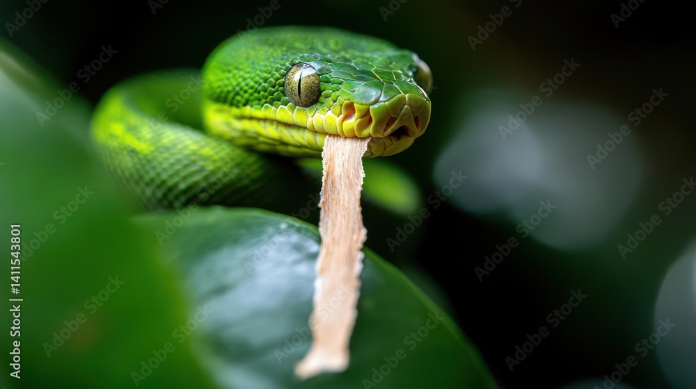 Aufkleber close-up of a vibrant green tree python coiled among lush green leaves, its mouth slightly open with
