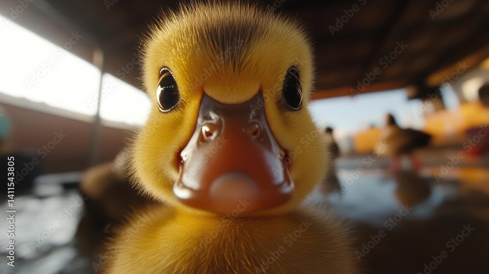 Poster close-up of a yellow duckling under a warm lighting, capturing its adorable face and tiny eyes with 