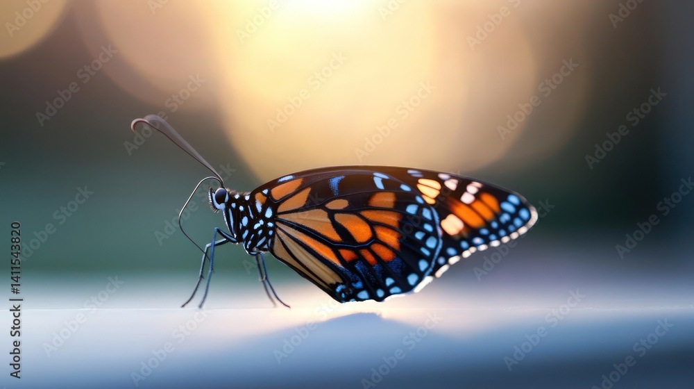 Poster Close up capture of a monarch butterfly showcasing its intricate wing patterns against a blurred background of soft greens and golden light. The butterfly rests on a surface with a gradient of cool