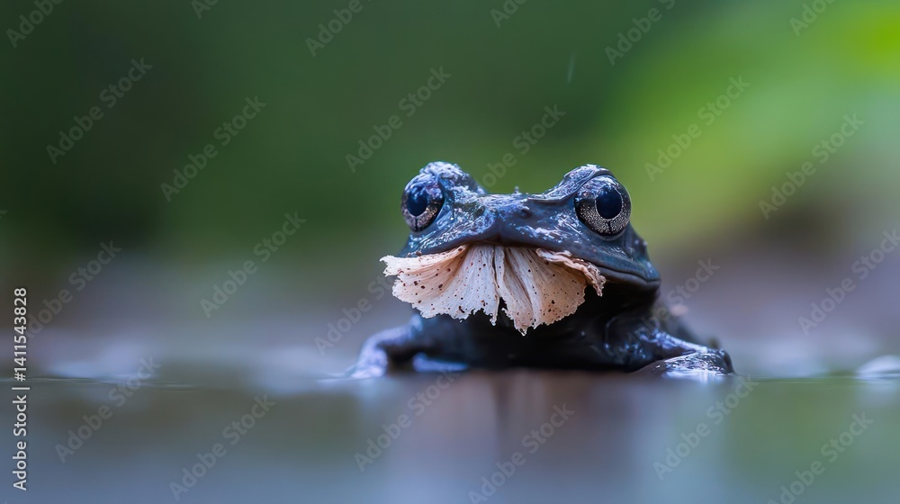 Poster a closeup shot captures a dark frog with bright eyes in shallow water. its throat is inflated, surro