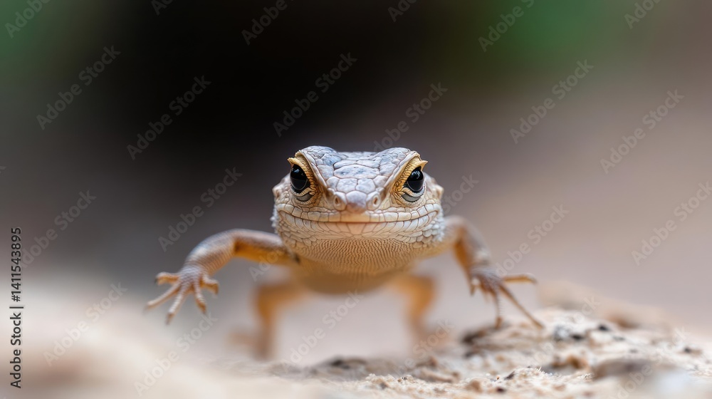 Aufkleber close up macro shot of a small lizard with brown scales and yellow eyes. the reptile is walking on s