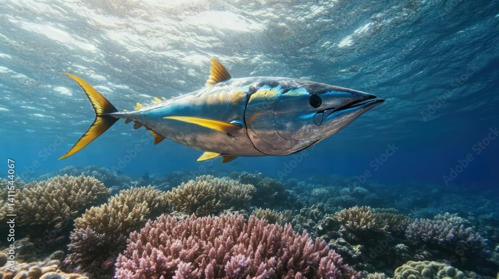 Poster underwater shot featuring a large tuna with silver body and yellow fins swimming above a coral reef.