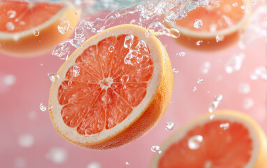 Fresh grapefruit slices splash in water, creating energetic and vibrant scene that evokes sense of refreshment and vitality