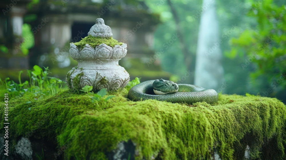 Aufkleber a green snake coiled on a moss-covered stone surface with a weathered stone ornament in the backgrou