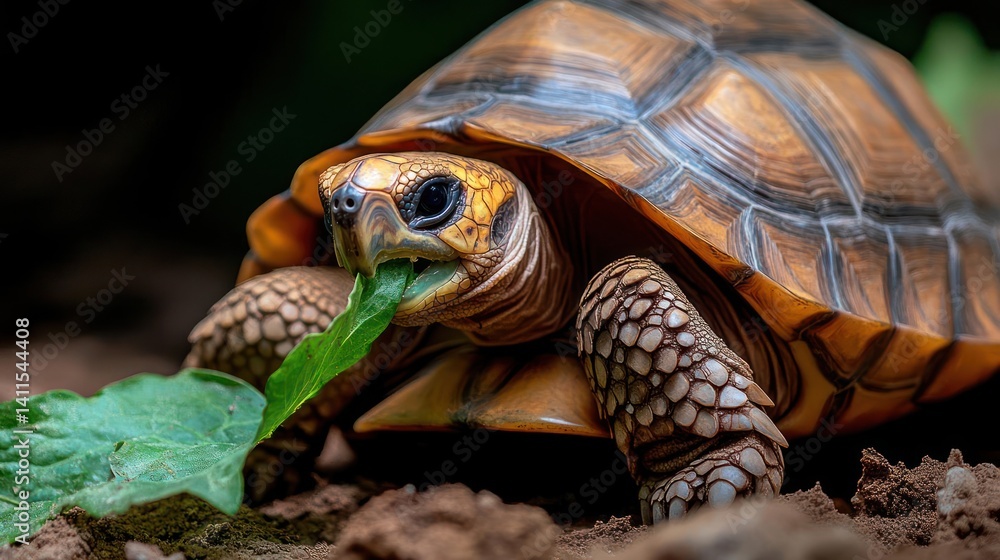 Poster close up shot of a yellow footed tortoise eating a green leaf. the tortoise has a yellowish brown sh