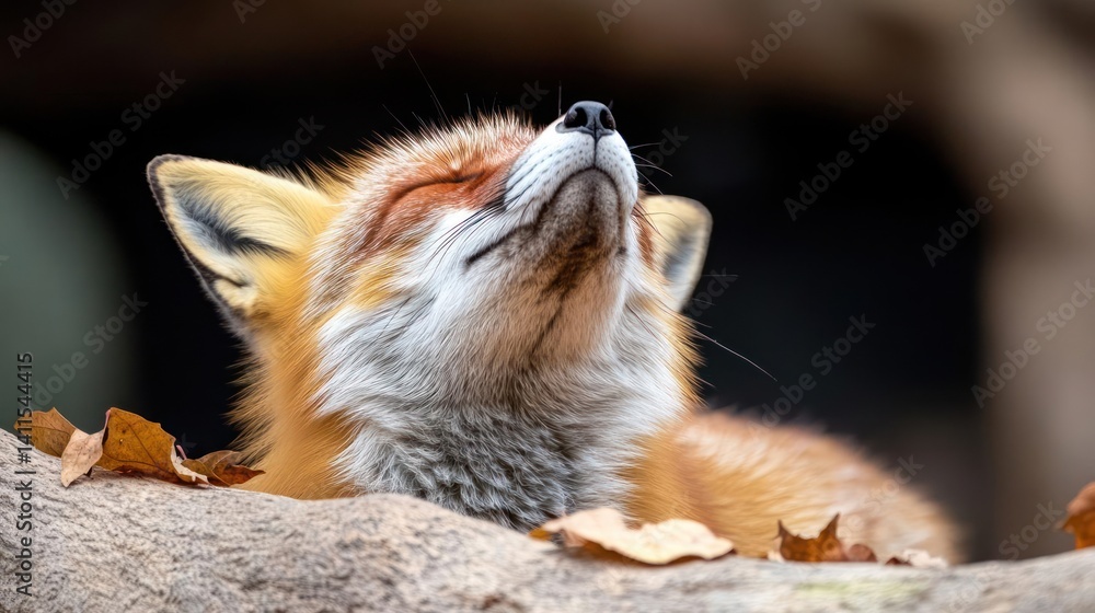 Poster close-up of a red fox with its head tilted back against a blurred background, fur is orange and whit