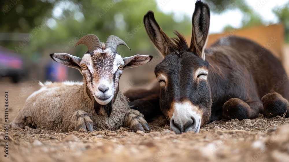 Aufkleber close up shot of a brown donkey and white goat resting next to each other on a brown ground with blu