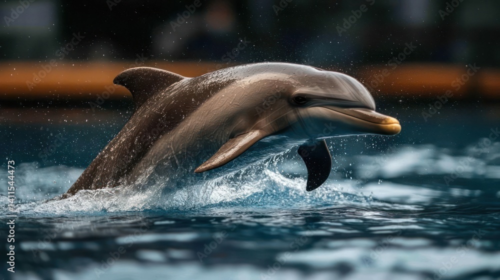 Poster close-up of a dolphin leaping out of the water, showcasing its sleek, gray skin and the surrounding 