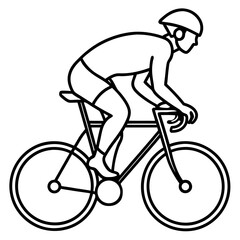 Line art vector silhouette of a person riding a road bike in a racing position, leaning forward with one hand on the handlebars