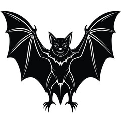 Spooky Bat Silhouette with Spread Wings, Fangs, Claws, Halloween Black Shape Design