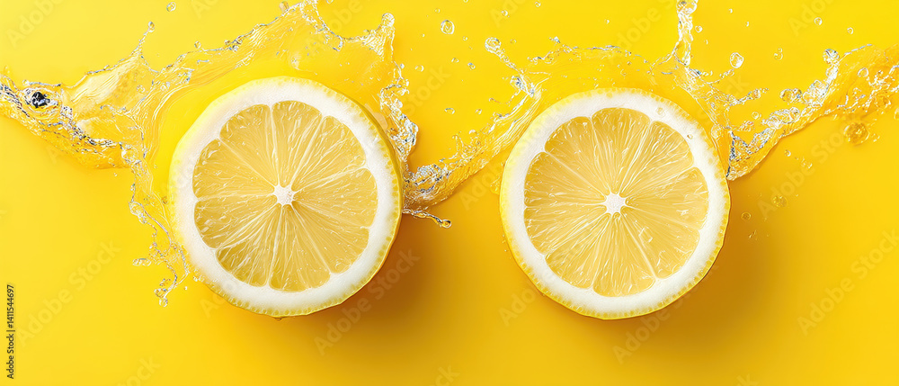 Aufkleber fresh lemon slices with splashing water drops on vibrant yellow background create refreshing and liv