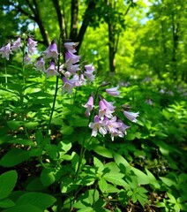 Delicate Campanula blossoms nestled amongst lush green foliage and dappled shade of trees, summer, natural beauty
