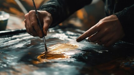 Obraz premium Artist's hands skillfully painting a vibrant abstract artwork in a creative studio