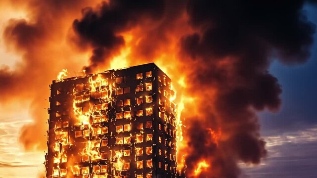 Dramatic urban fire engulfing a high-rise building at sunset, with smoke billowing and chaos below